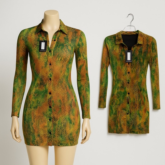 Multi Snake Print Mesh Button Down Shirt Dress - Picture 1 of 4